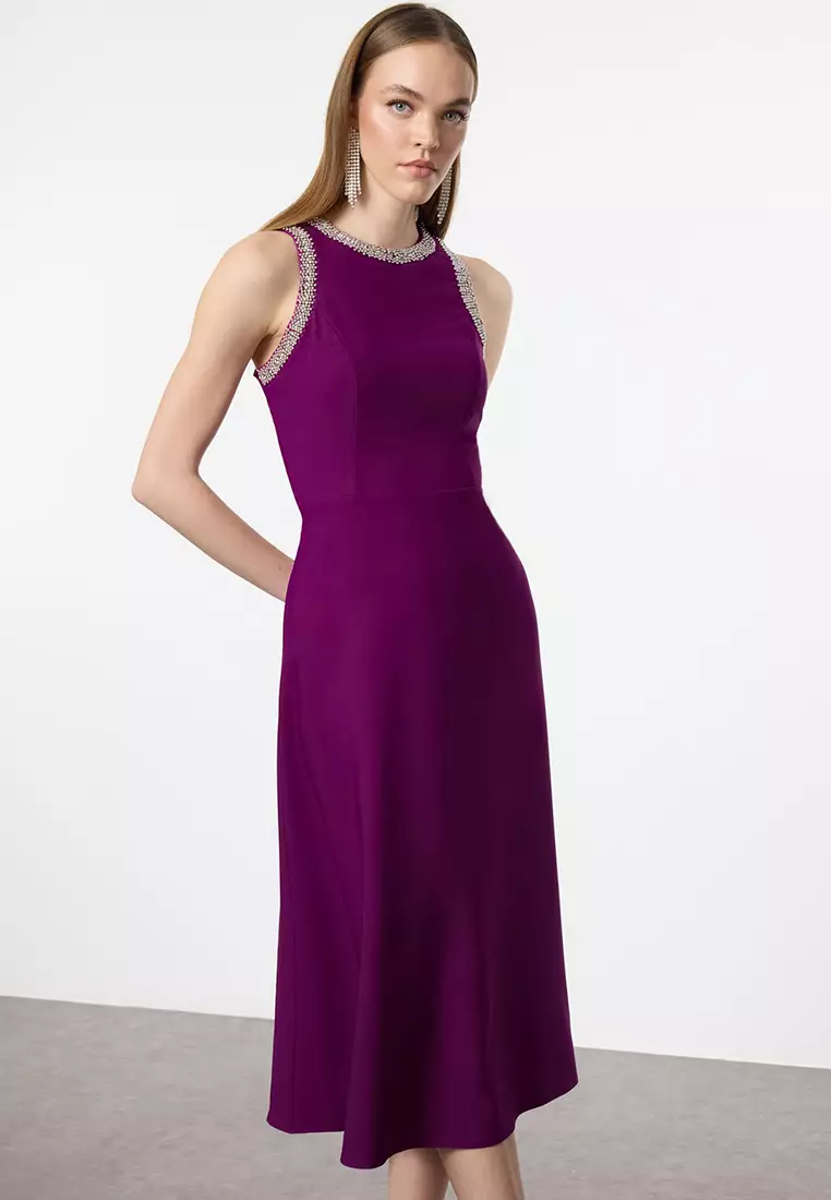 Plum A-Cut Stone Accessory Woven Evening Night Graduation Dress TPRSS24EL00178