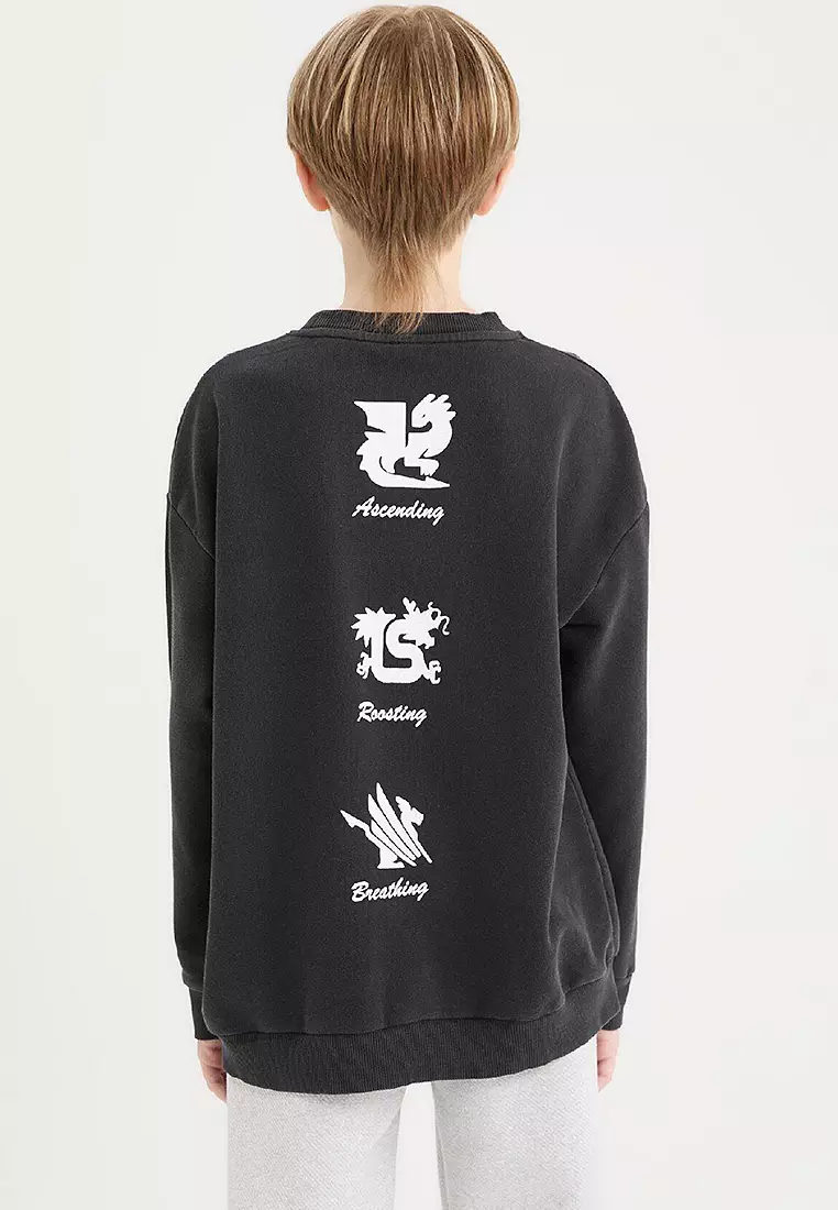 Oversize Wide Cut Crew Neck Back Printed Washed Faded Effect Sweatshirt