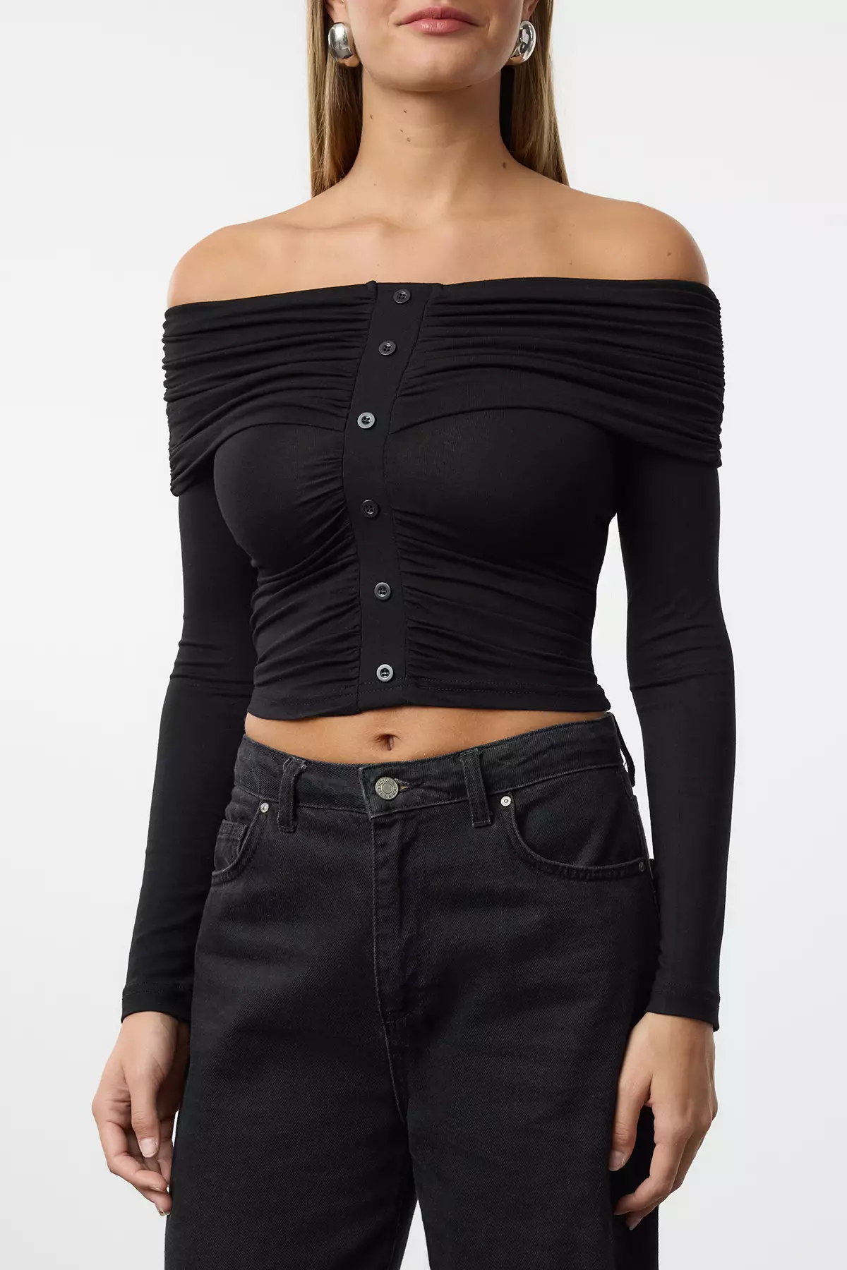 Black Gathered/Draped Detailed Button Detailed Carmen Collar Crop Knitted Blouse Twoaw25Bz00240