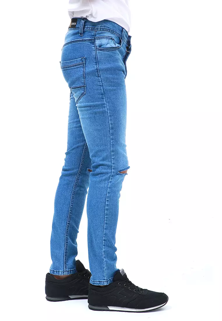 Locko Celana Panjang Pria Ripped Long Pants Casual Material Jeans ORIGINAL - Light Blue