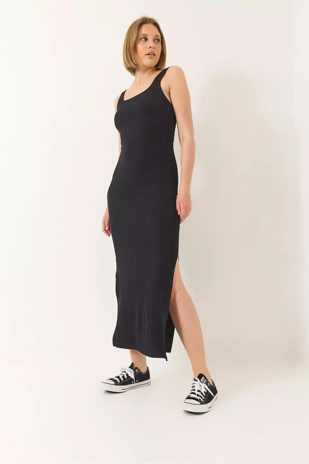 Women's Strappy Square Neck Slit Detailed Ottoman Midi Dress 295 60283176