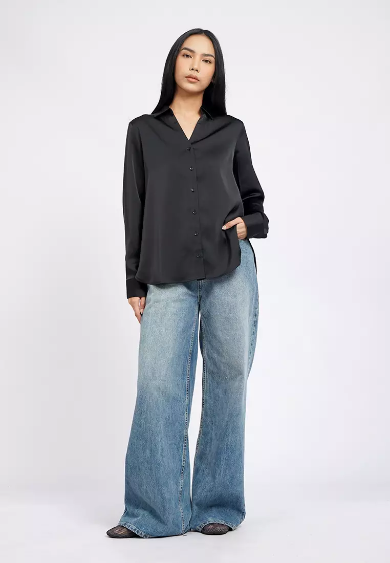 V-Neck Collared Satin Shirt
