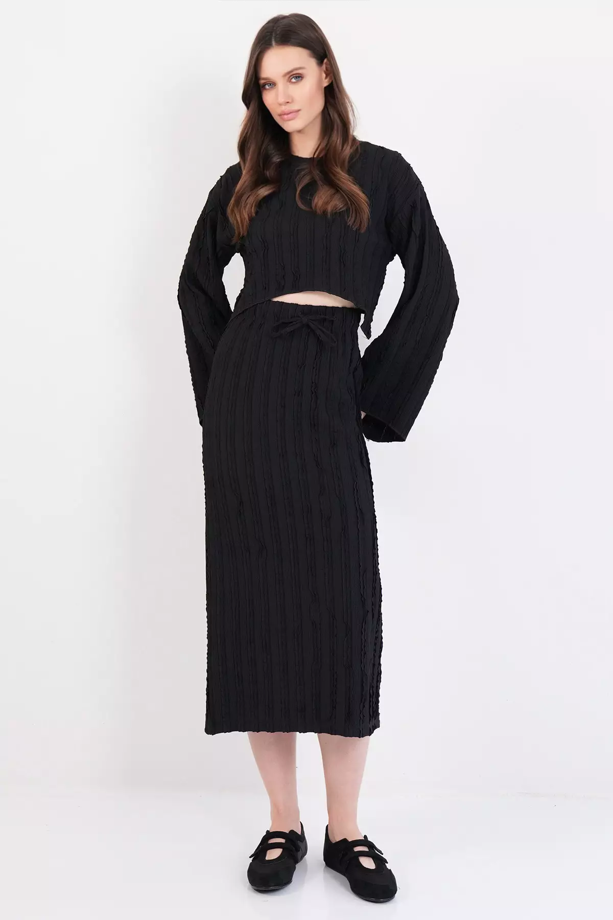Black Asymmetrical Cut Blouse And Skirt Set With Stitching Detail Alc-X14808