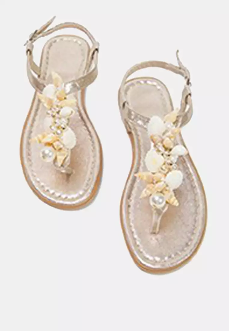 Gold Sea Shell Pearl Detailed Flip Flops Women Stylish Sandals Takss25Sd00008