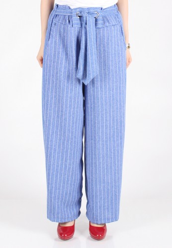 Striped Linen Bow Waisted Maxi Culottes - Blue