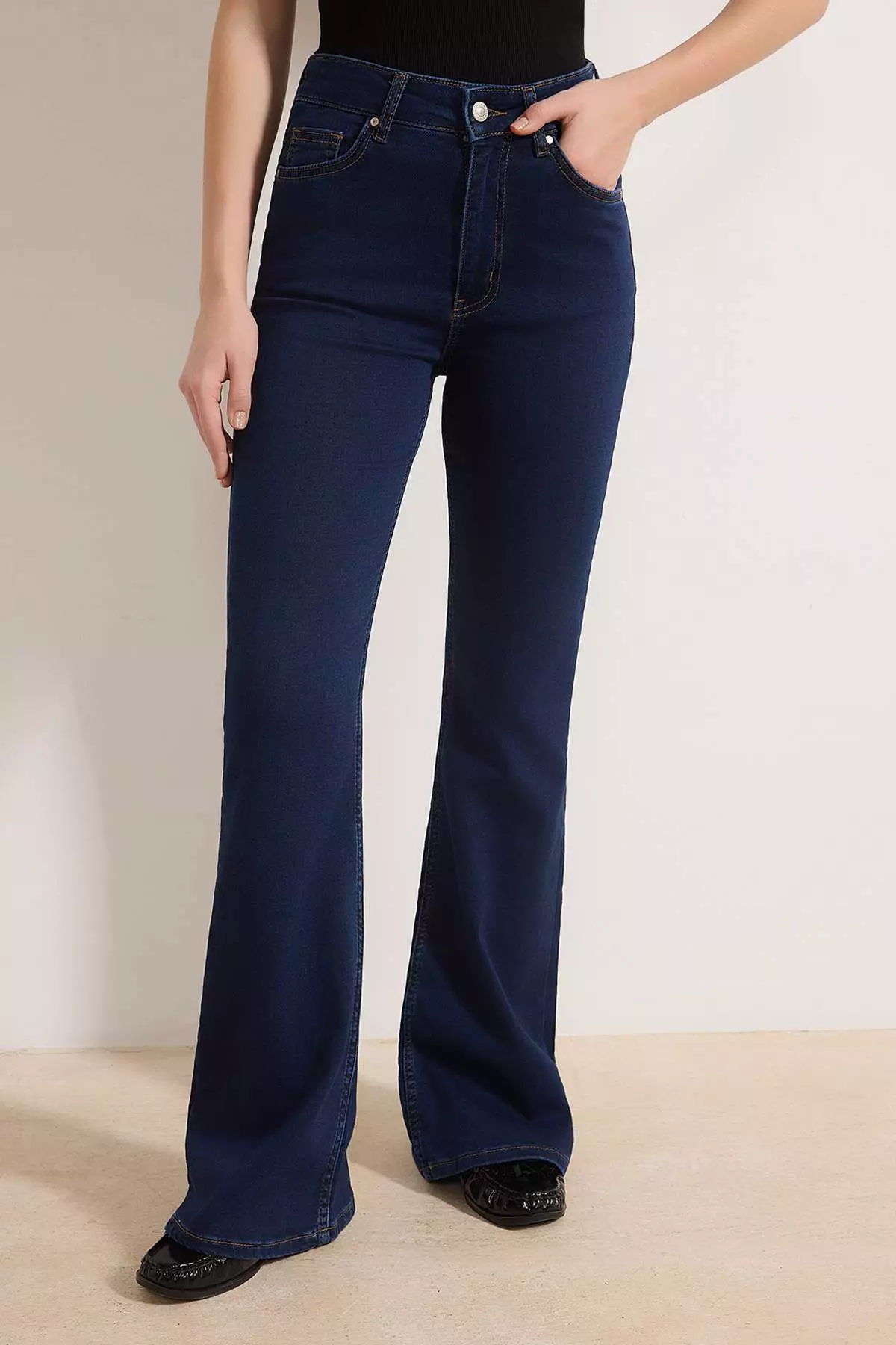 Dark Blue High Waist Flare Soft Extra Stretch Knitted Jeans Twoss26Je91