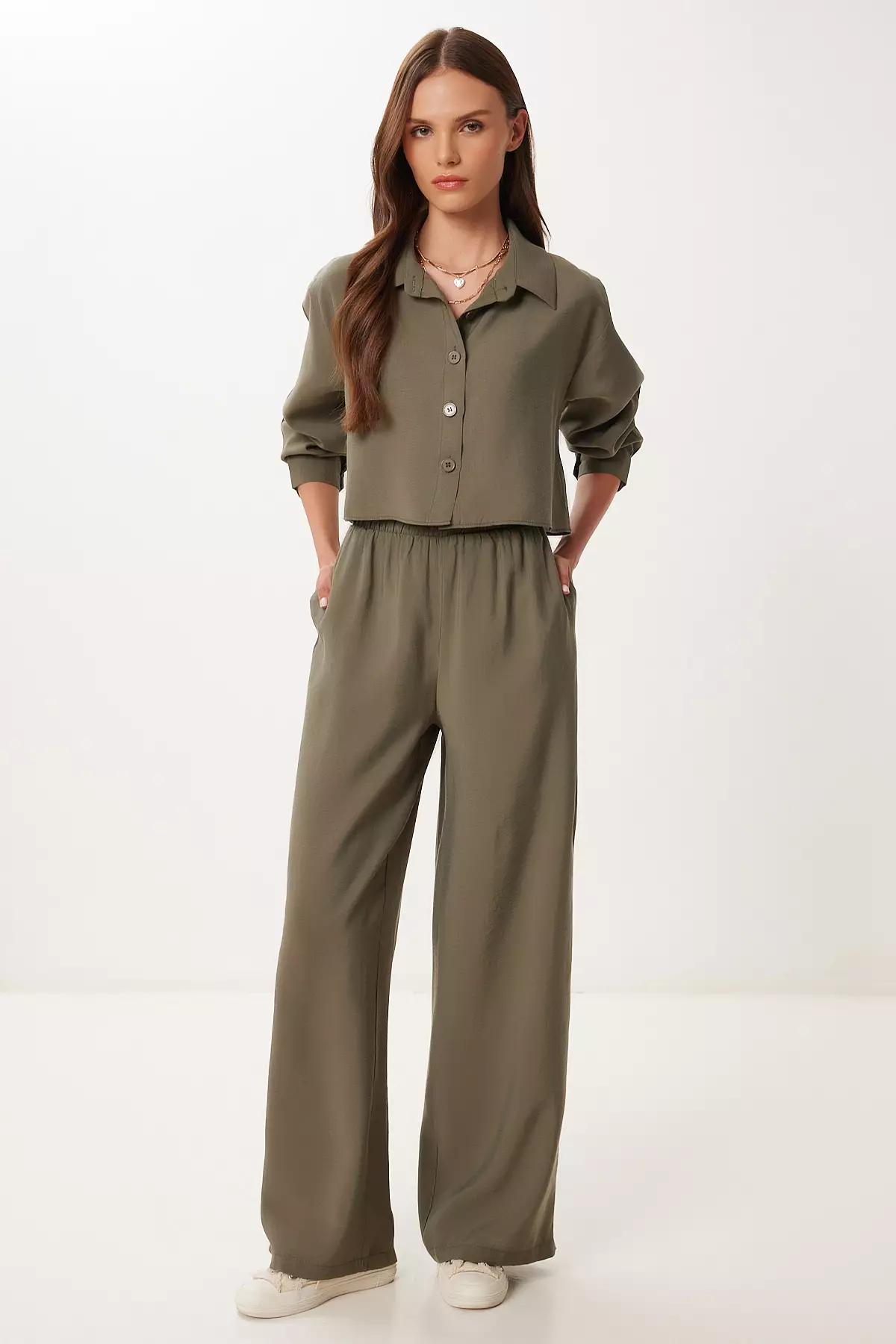 Women's Khaki Modal Shirt Pants Suit Bv00158
