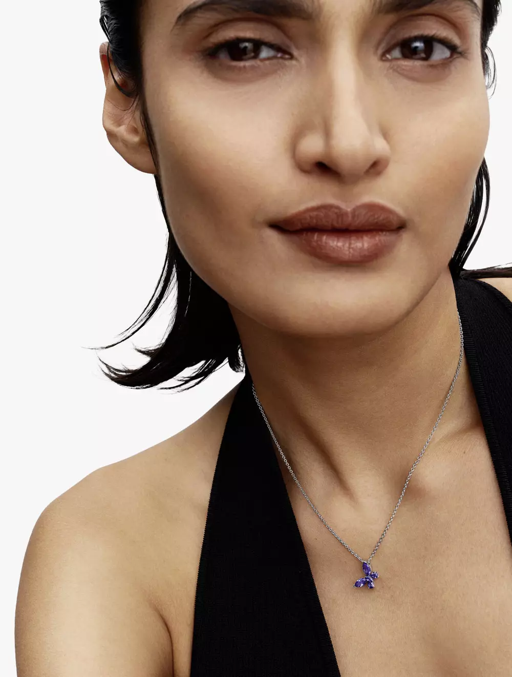 Butterfly Sterling Silver Collier with Cornflower Blue Crystal and Clear Cubic Zirconia - 45