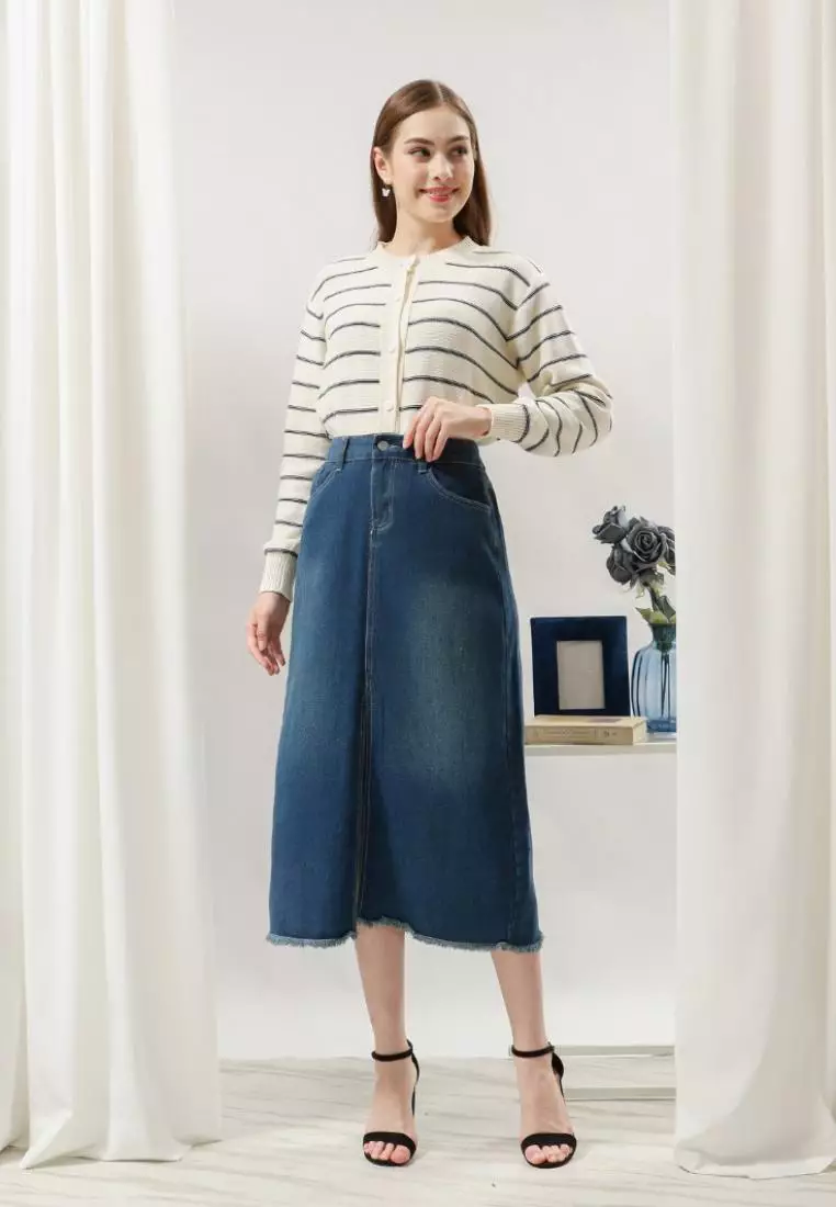 Jivie Midi Skirt Unfinished in Blue