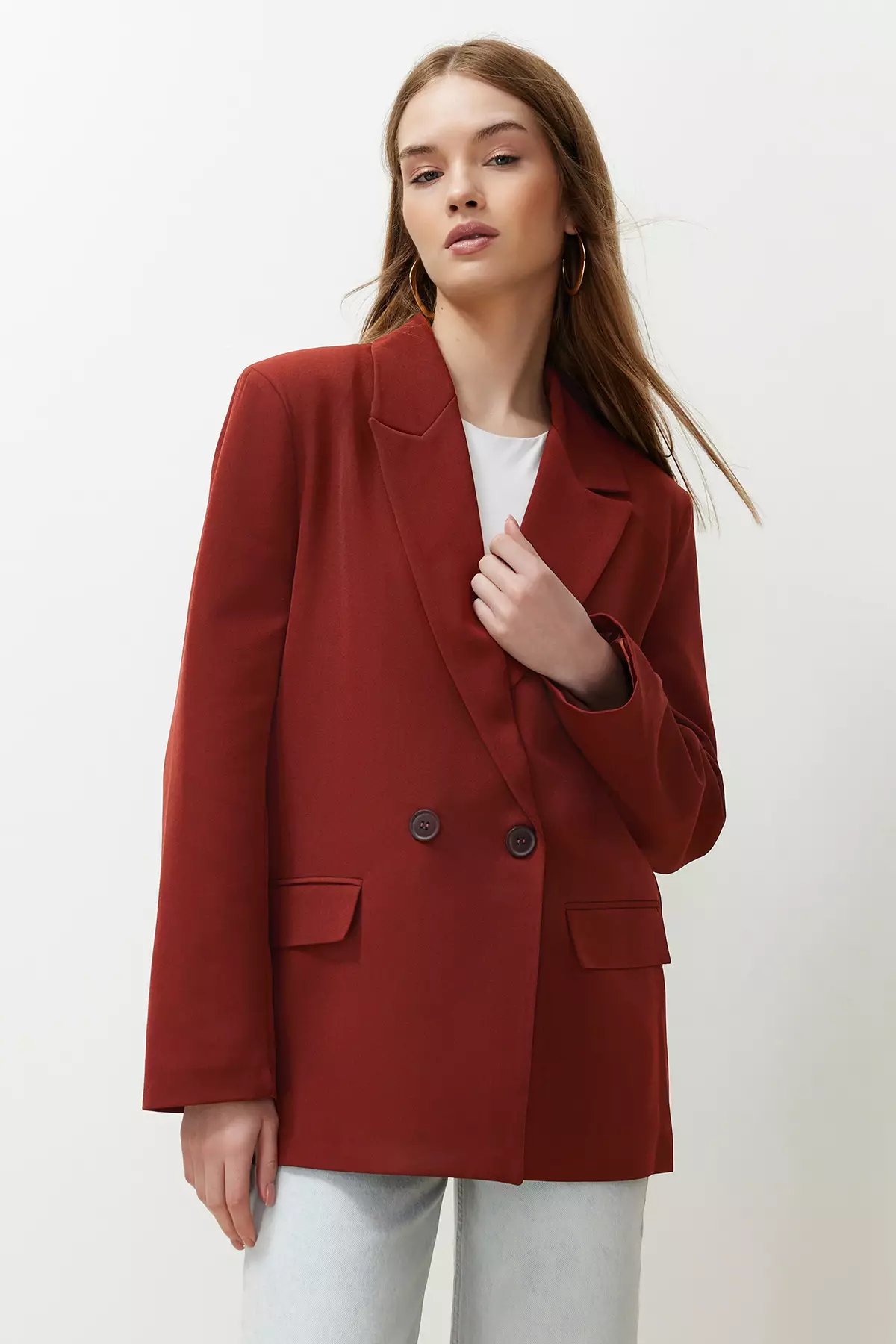 Burgundy Tile Oversize Straight Cut Basic Double-Breasted Woven Blazer Jacket Twoss24Bc28