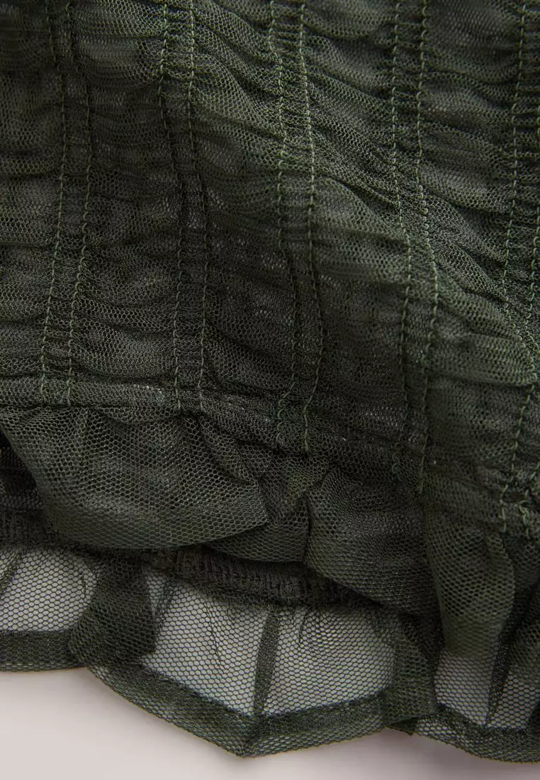 Shirred Mesh Sleeveless Crew Neck Top