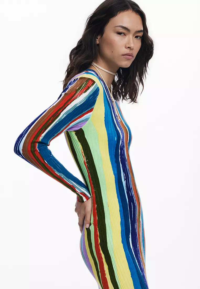 Ribbed dress with colored stripes