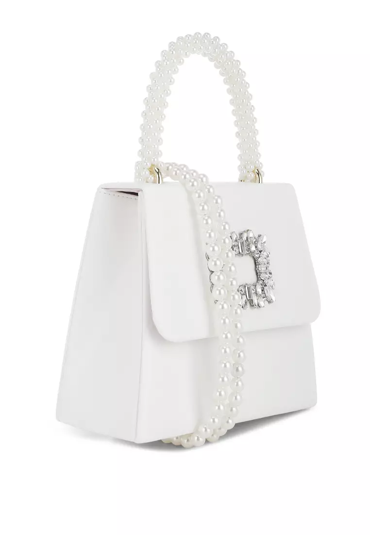 白色珍珠頂手柄 Diamante 胸針包