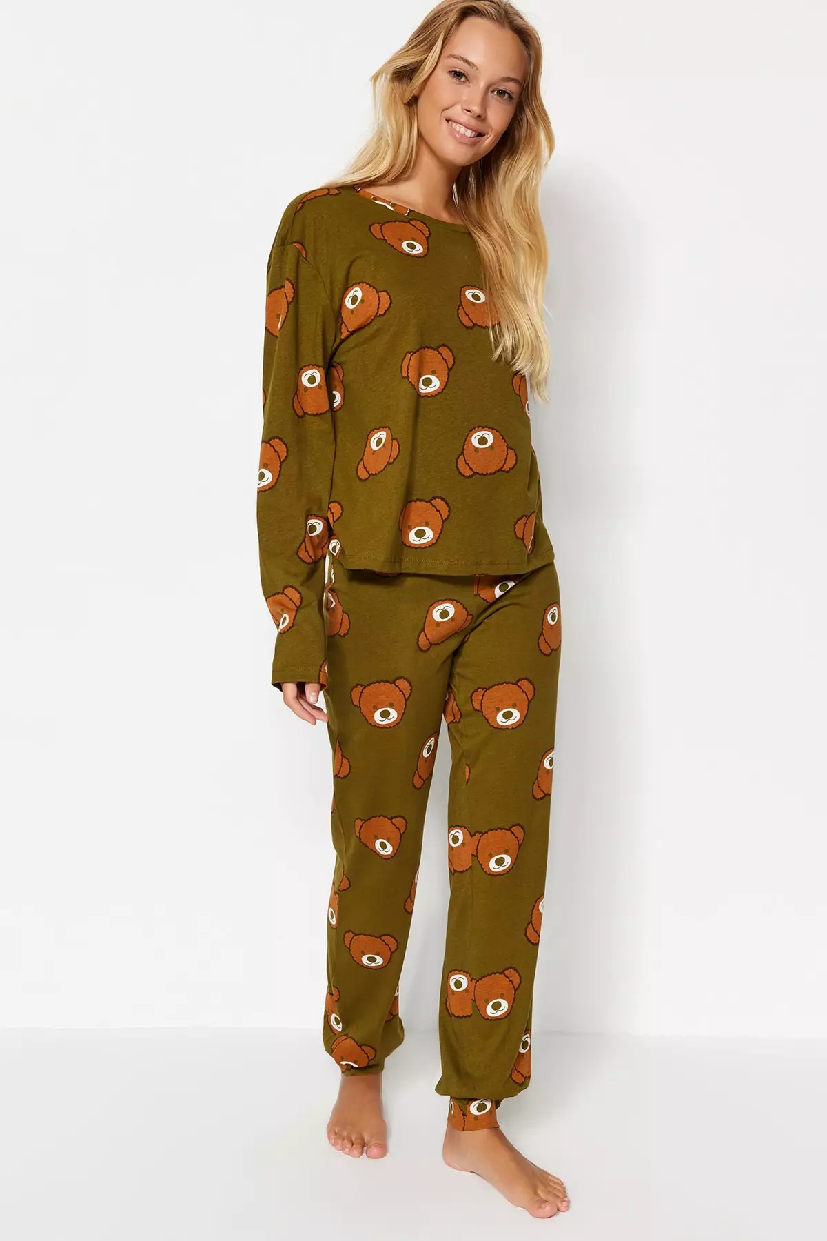 Khaki 100% Cotton Teddy Bear Patterned Knitted Pajama Set THMAW23PT00514