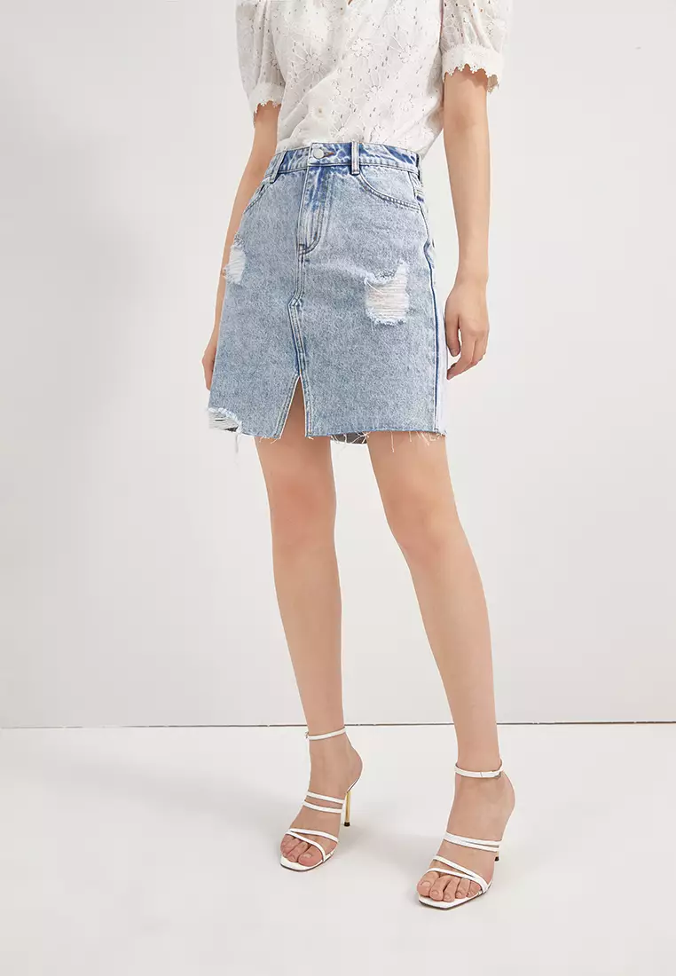 Acid Wash Front Slit Denim Short Skirt