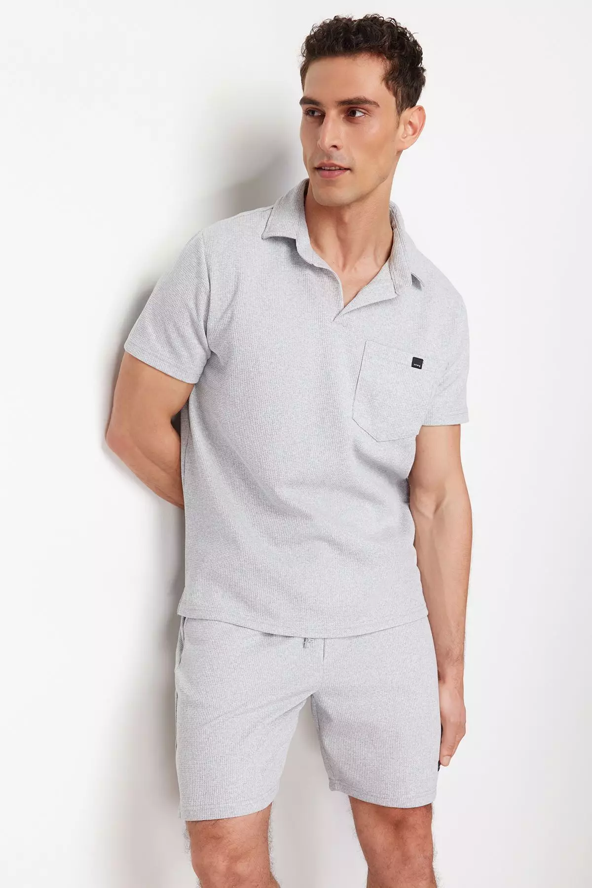 Gray Regular/Normal Cut Textured Fabric Labeled Polo Collar Tracksuit Set TMNSS23EM00003