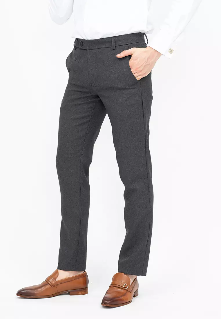 Celana panjang pria slim fit kerja formal button celana bahan stretch abu tua