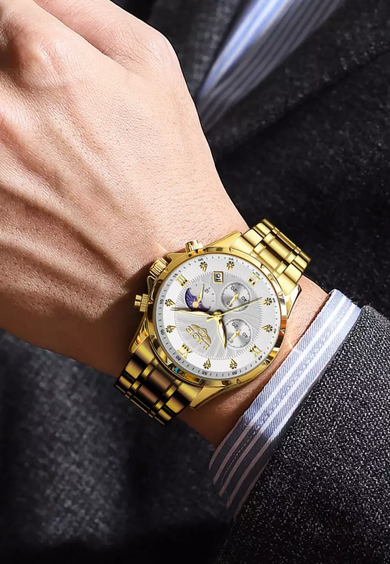 Chronograph Unisex IP Gold Color Stainless Steel Quartz Watch, black dial, Metal Bracelet