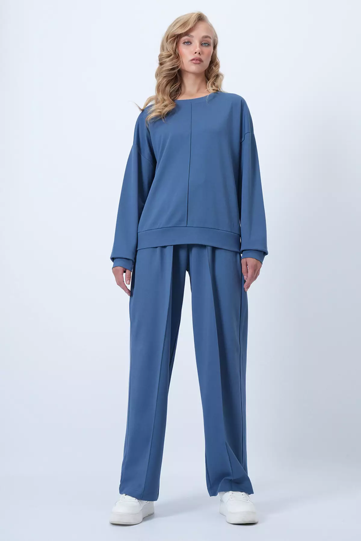 Petrol Blue Crew Neck Ribbed Stitched Blouse And Double Pocket Green Trousers Set Alc-X14543