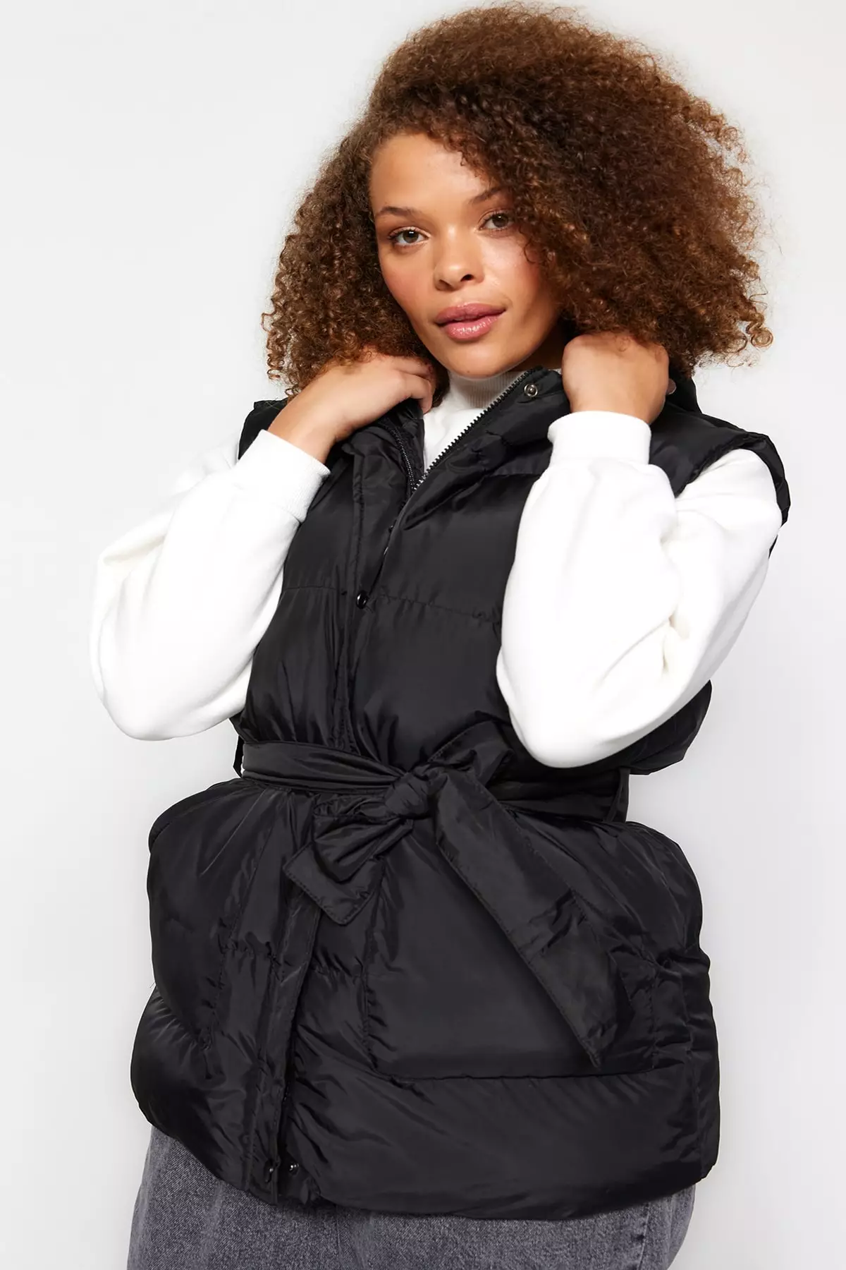 Buy Trendyol Plus Size Black Belted Hooded Inflatable Vest 2024