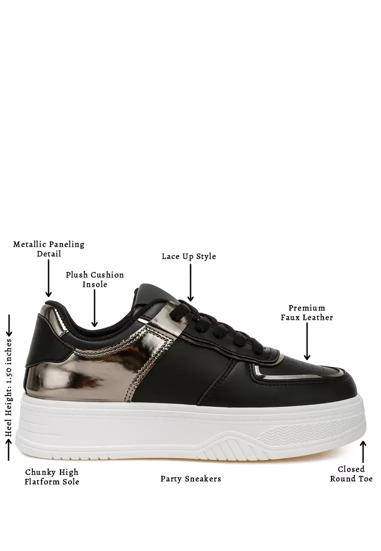 Metallic Paneling Platform Sneakers in Black Pewter