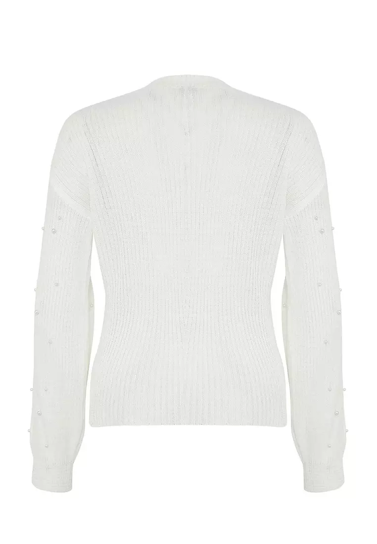 Ecru Pearl Detailed Crew Neck Knitwear Sweater Twoaw22Kz1493