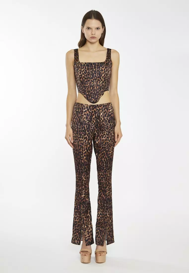 Brown Leopard Split Front Flared Trousers