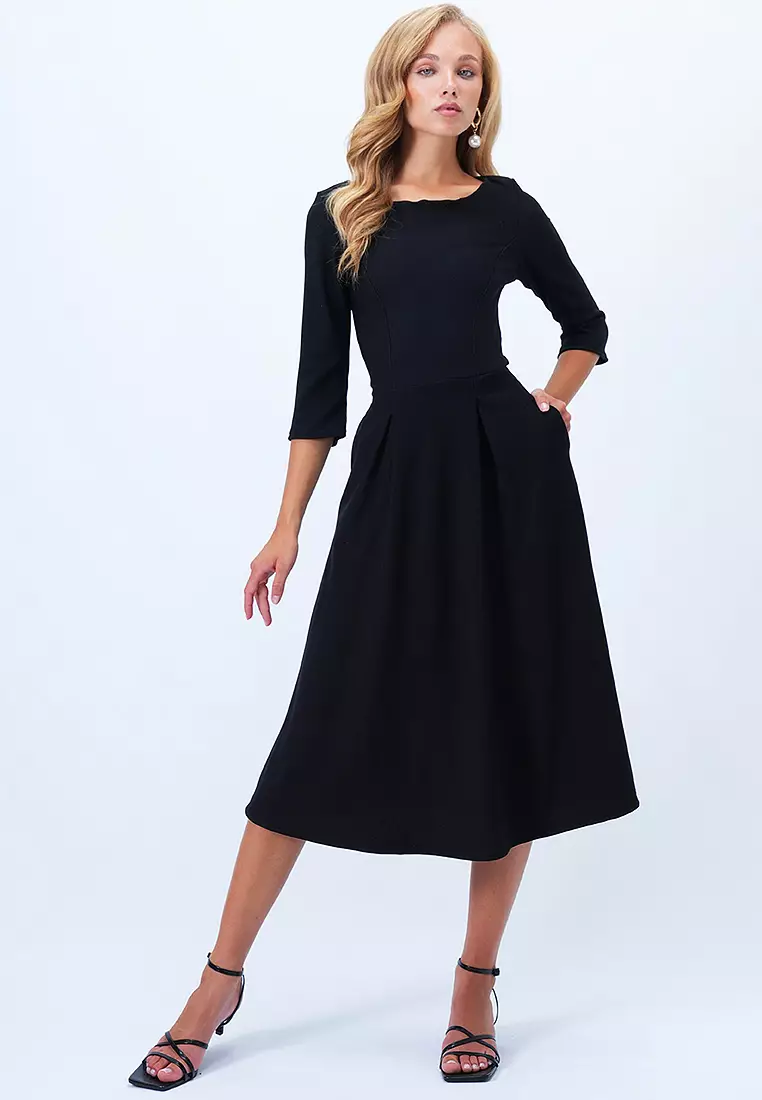 Boat Neck Flared Midi Dress