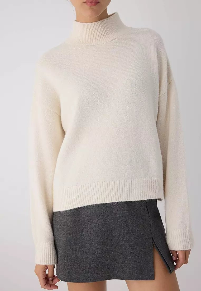 Stone Alpaca Wool Blended Premium/Special Yarn Wide Fit Basic Knitwear Sweater