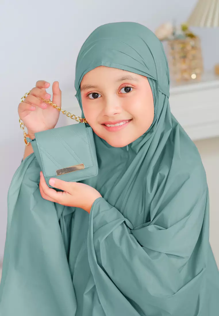 Zalwa Prayer Set | Mukena Travel Polos Resleting 2in1 | Mukena Anak - Turquoise Green - TK