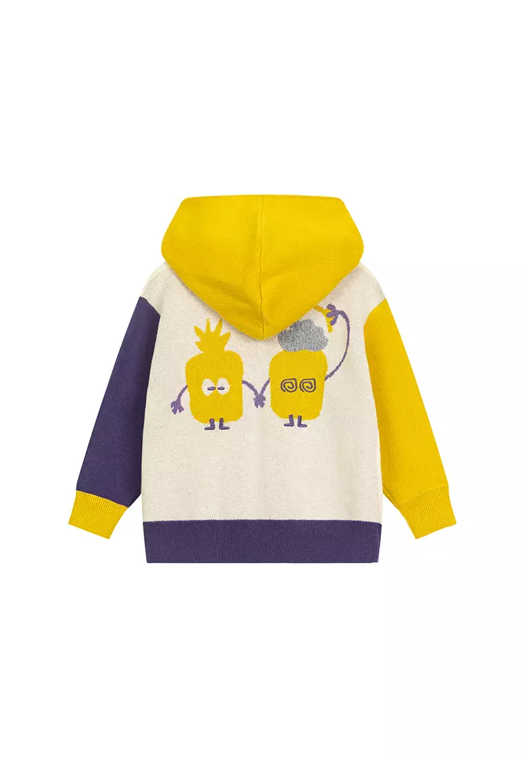 男女小童带帽毛衣后背提花设计撞色针织衫