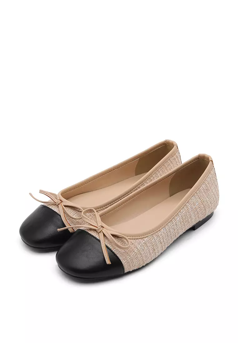 Malette Tweed two tone Ribbon Flats (1cm) - Beige