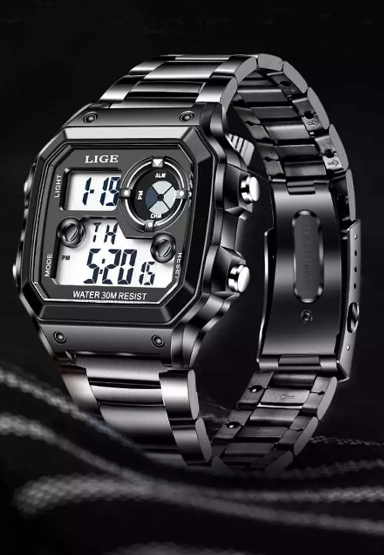 Unisex Digital IP Black Stainless Steel Watch on IP Black Steel Bracelet