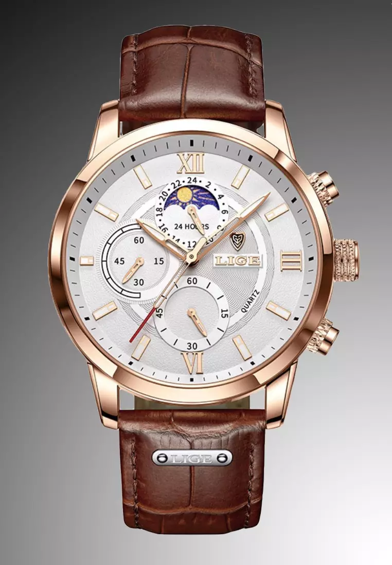 Chronograph, Unisex, IP Rose Gold Stainless Steel Quartz Watch 43mm, white dial, on Brown Leather Strap
