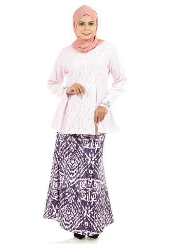 Arwa Kurung Lace Peplum With Batik Motifs Skirt from Ashura in White and Purple and Multi