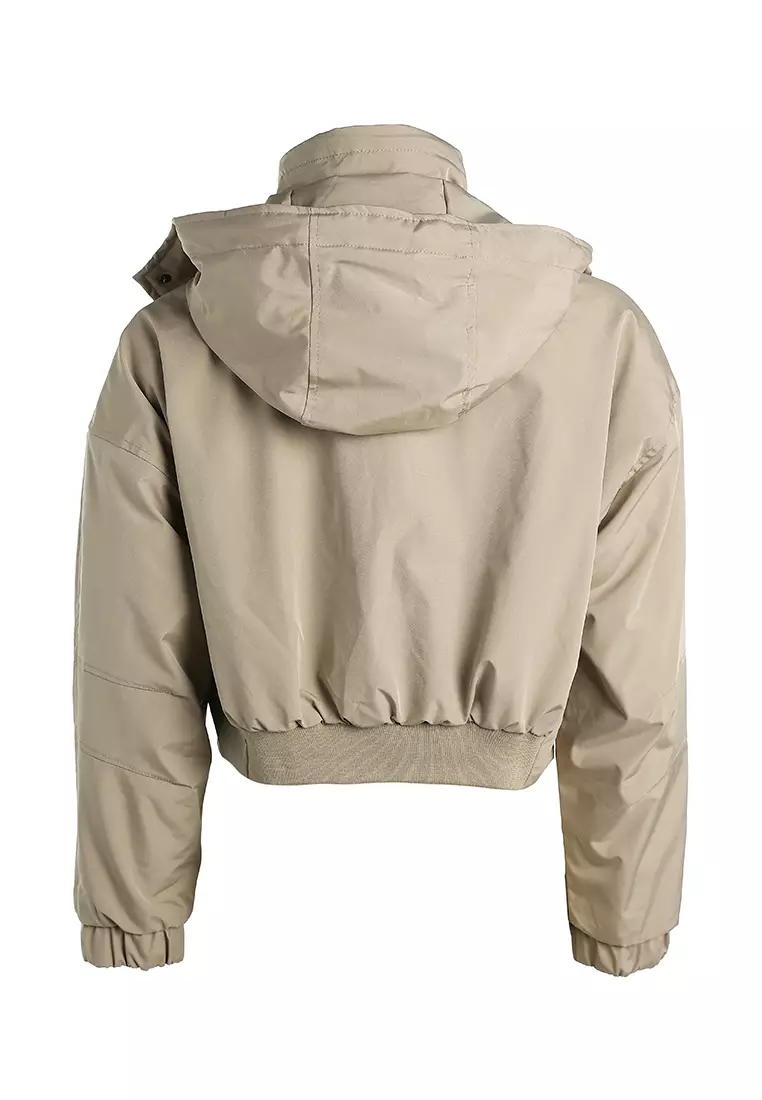Drawstring Cropped Woven Jacket in Khaki