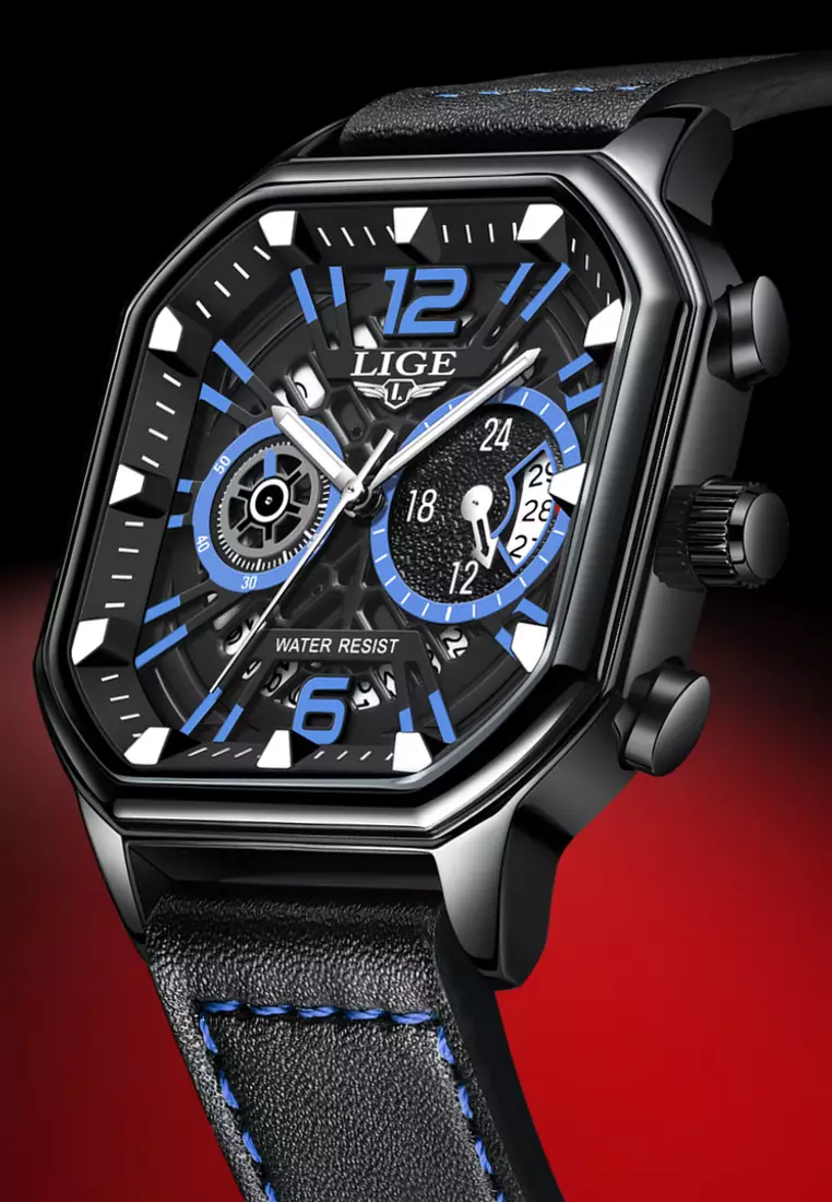 Chronograph Unisex Stainless Steel Square Quartz Watch 43X43mm, black dial, Leather Strap