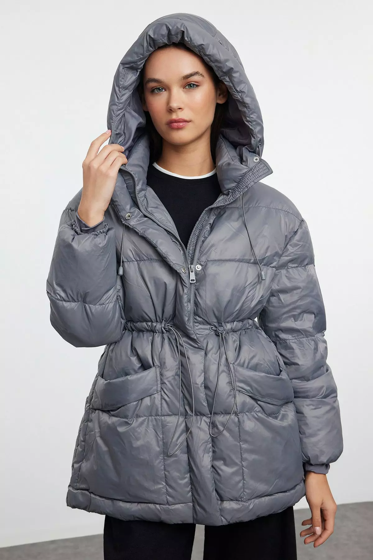 Grey Oversize Hooded Goose Down Puffer Jacket TWOAW25MO00111