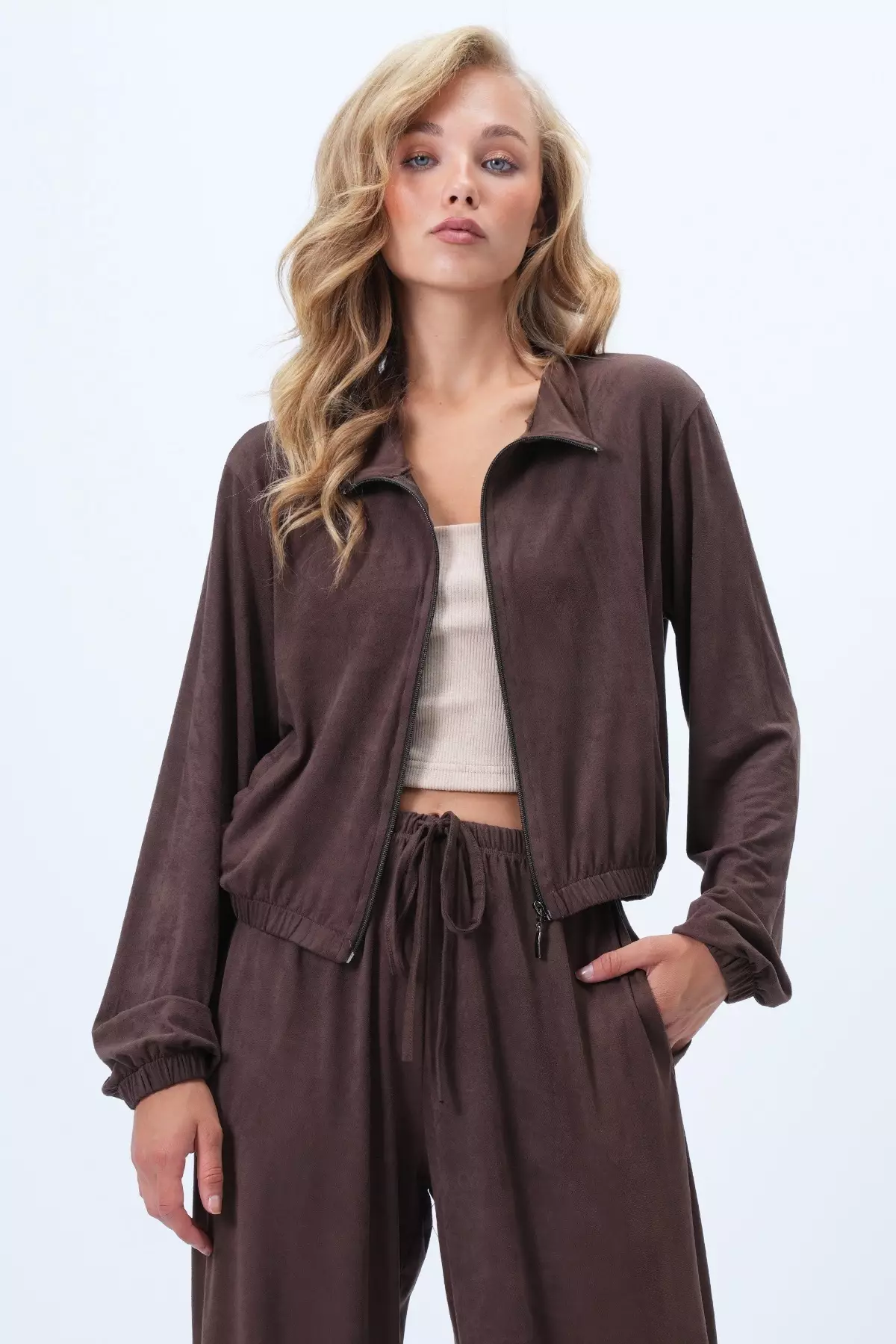 Women'S Bitter Coffee Stand Collar Zip-Up Soft Textured Suede Jacket Double Pocket Pants Suit Alc-X14445
