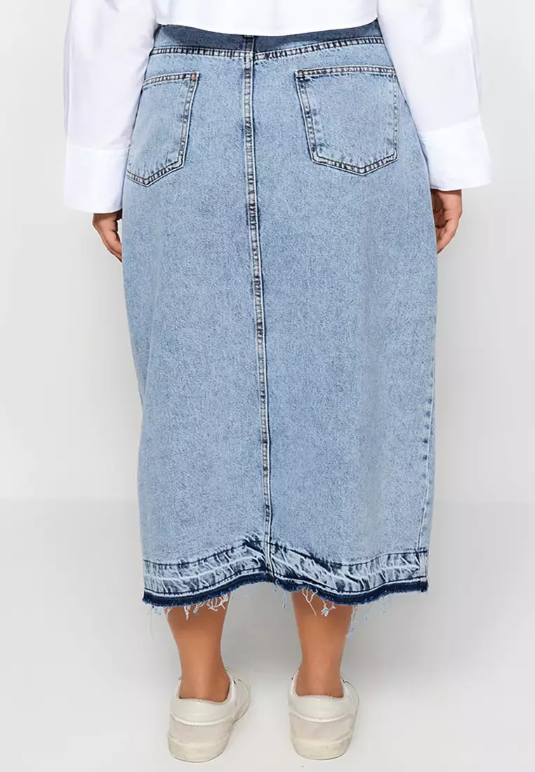Buy Trendyol Plus Size Blue Denim Skirt with a Front Slit Online