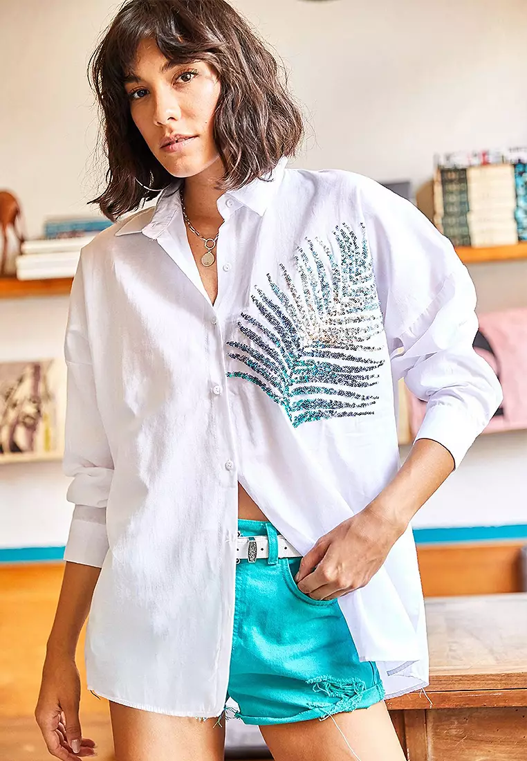 Sequin Oversize Poplin Shirt