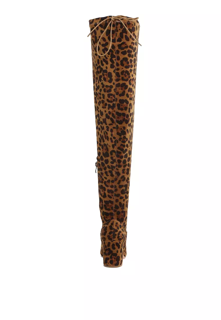 Minimal Drawstring Detail Knee-High Boots in Leopard