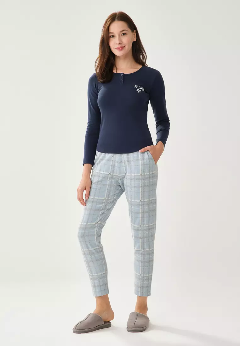 Blue Pyjama Bottom, Checked, Normal Fit, Straight Cut, Homewear And Sleepwear for Women