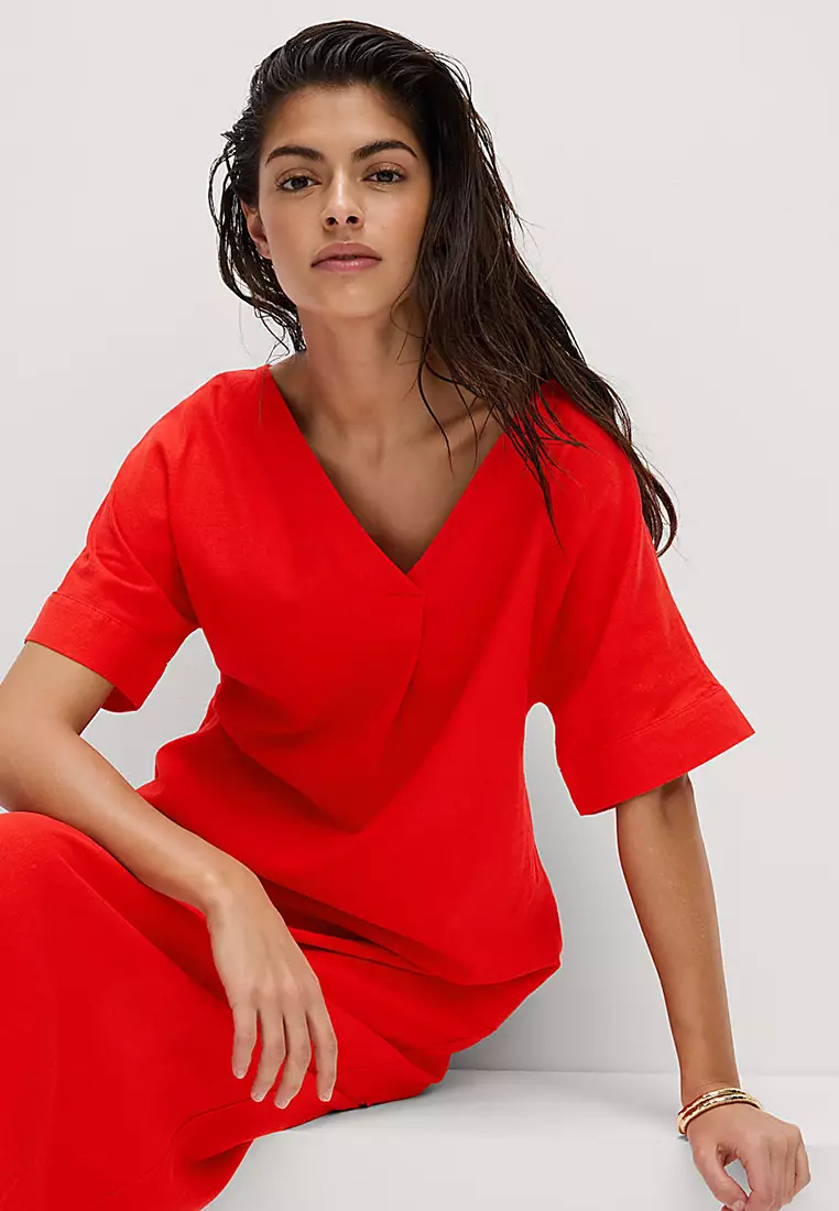 Linen Rich V-Neck Popover Midi Dress