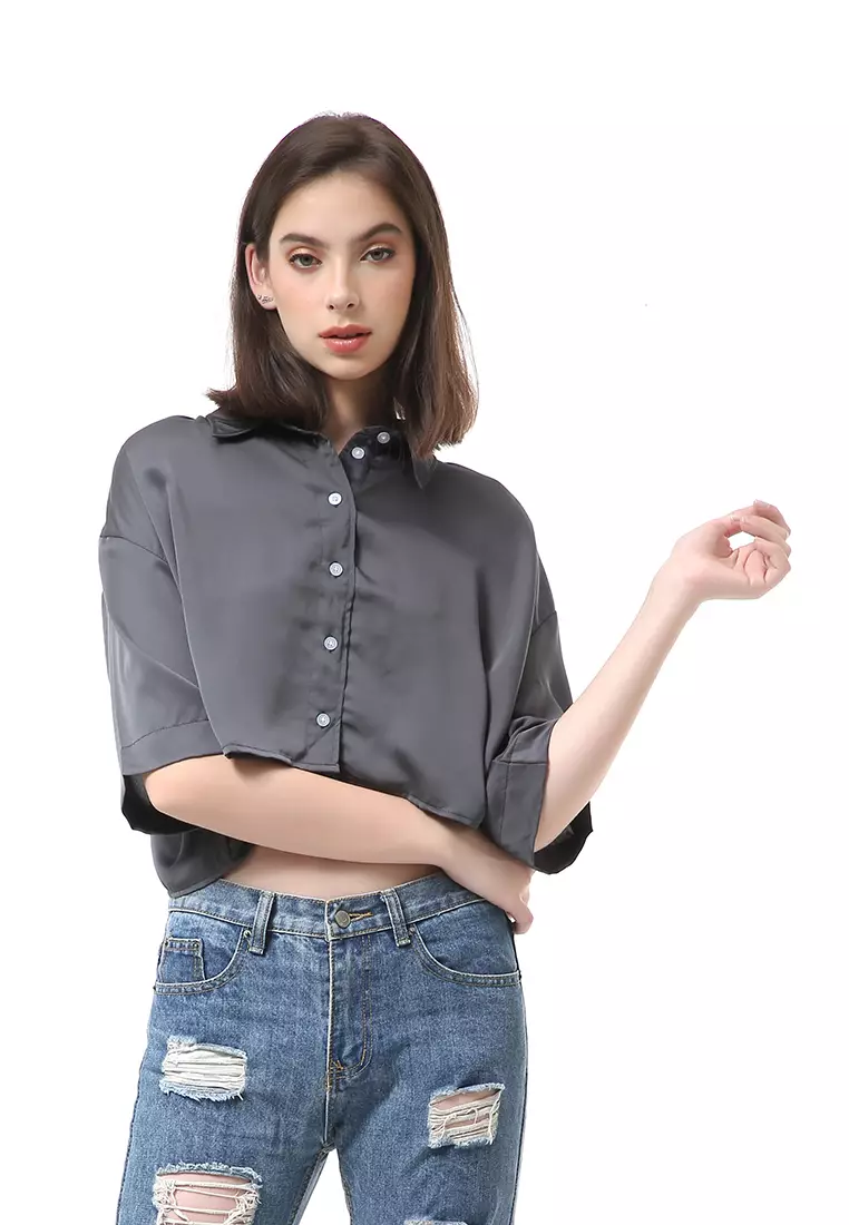 Brielle Atasan Wanita Kemeja Oversize Plain Motive Lengan Pendek Material Satin ORIGiNAL - Pine Green