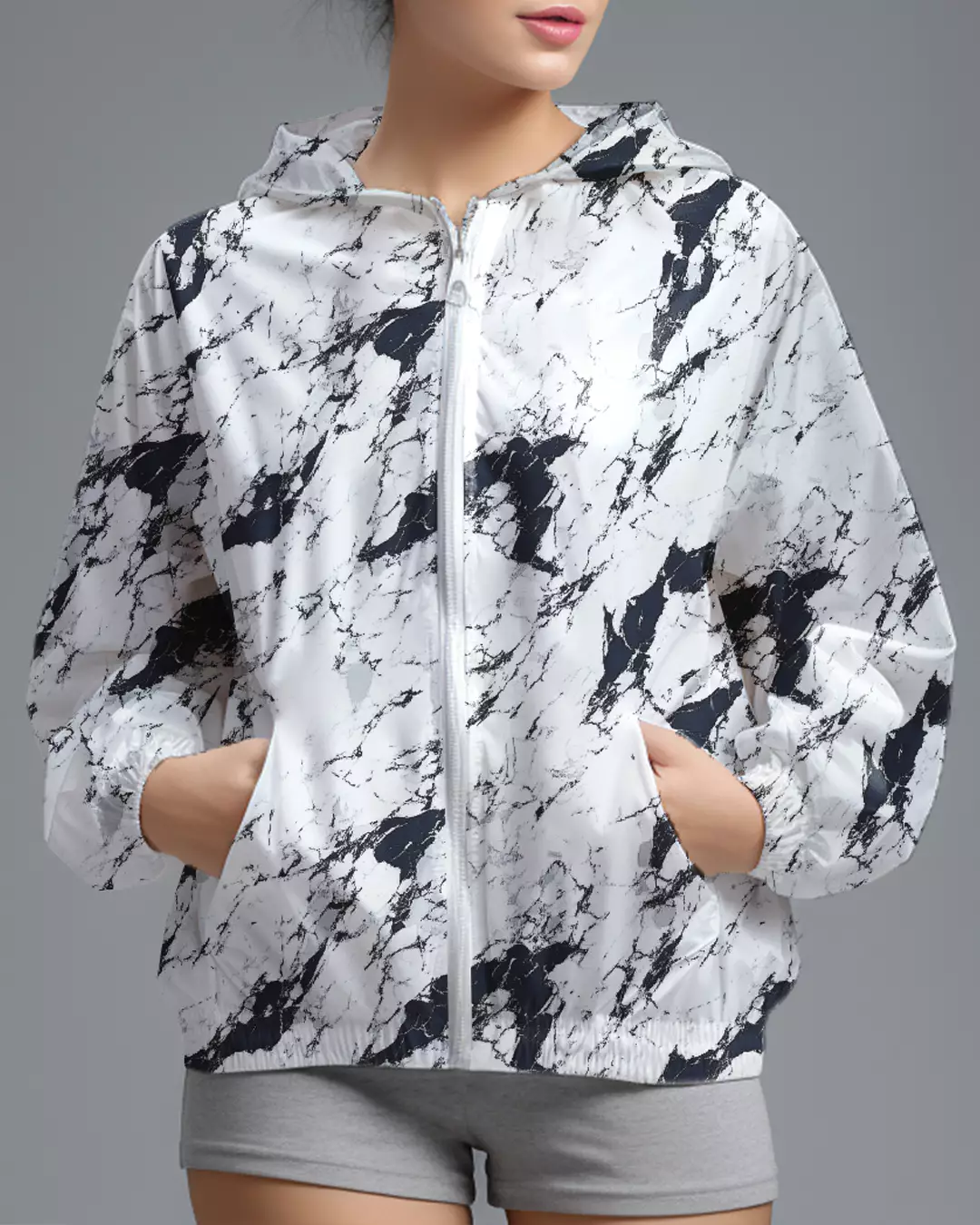 LSD74 Jaket Lari Olahraga Wanita Parasut motif "white marble" putih