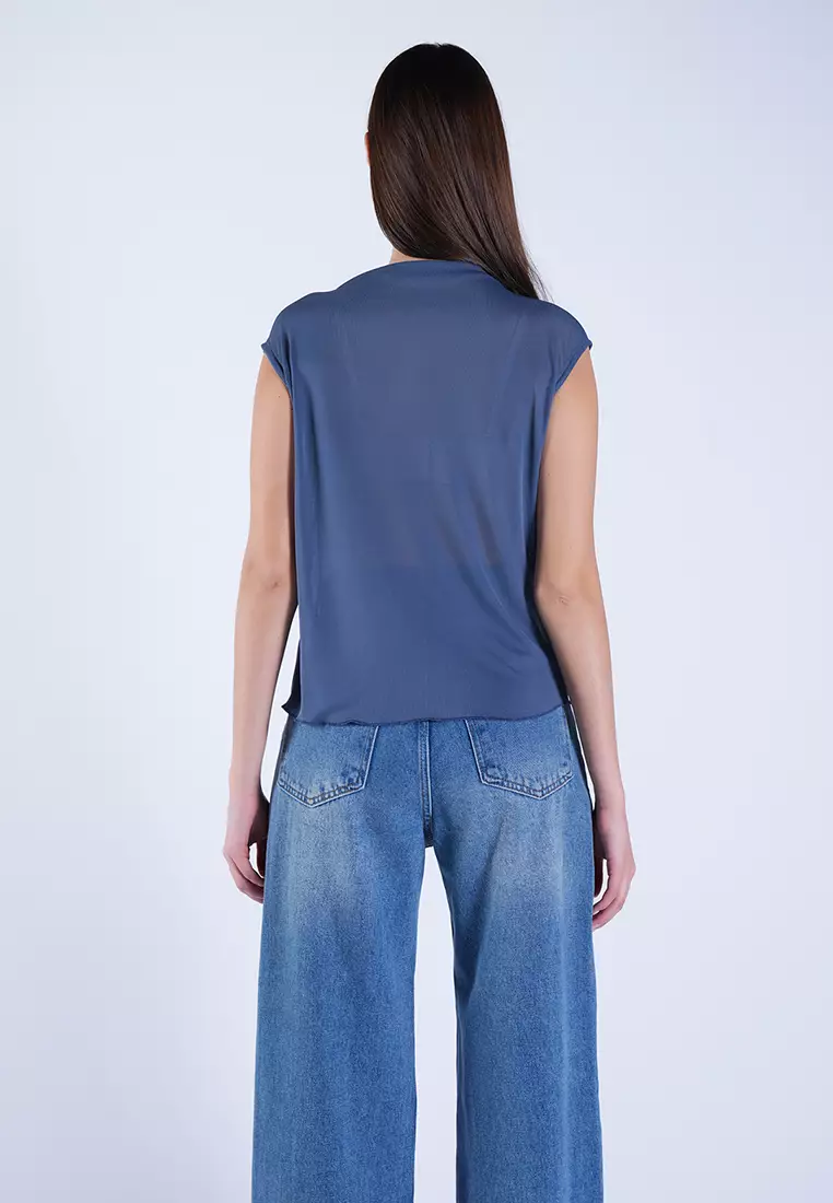 High Collar Shoulder Draped Transparent Blouse