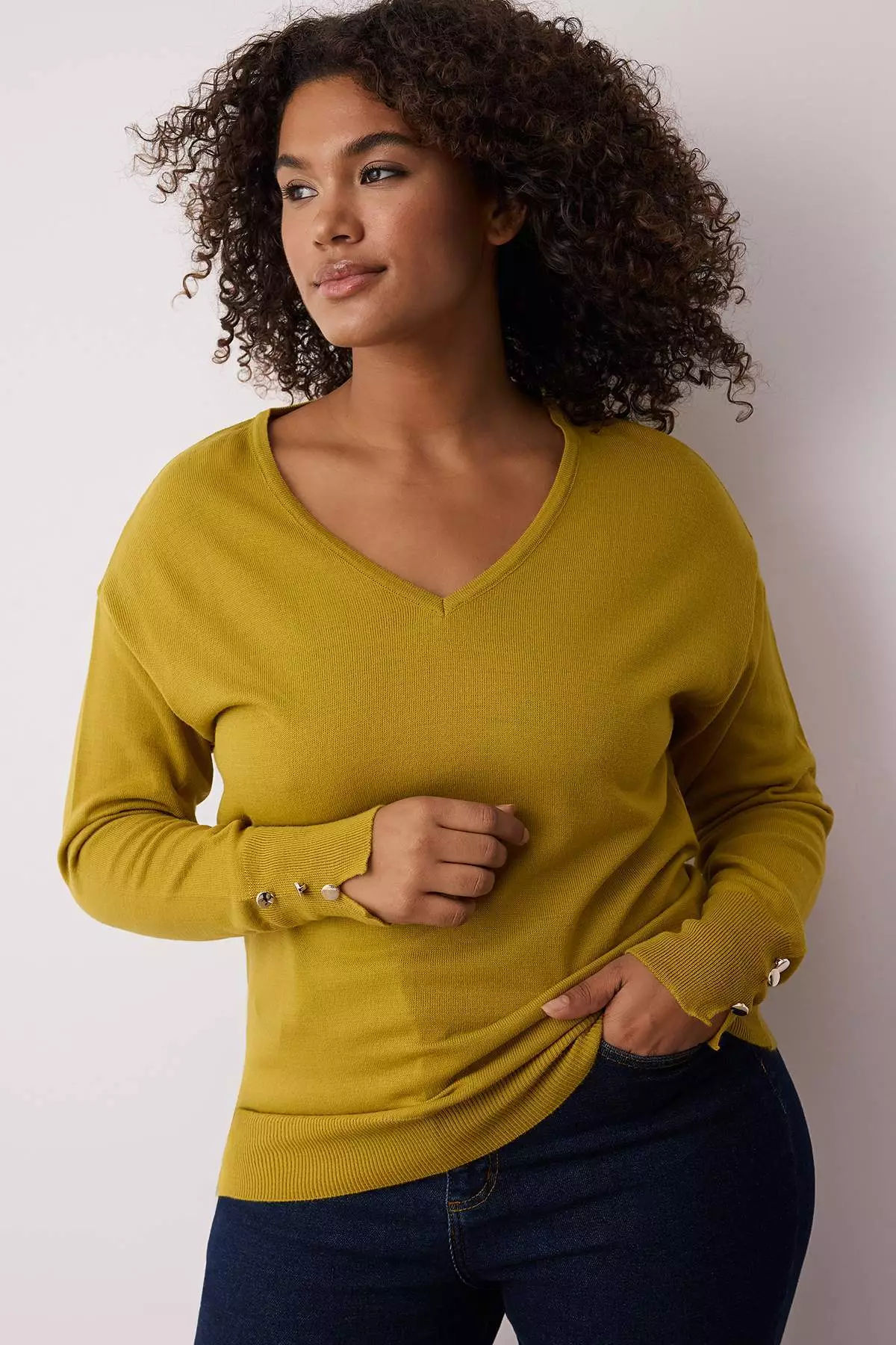 Khaki V-Neck Button Detailed Knitwear Sweater Tbbaw23An00043