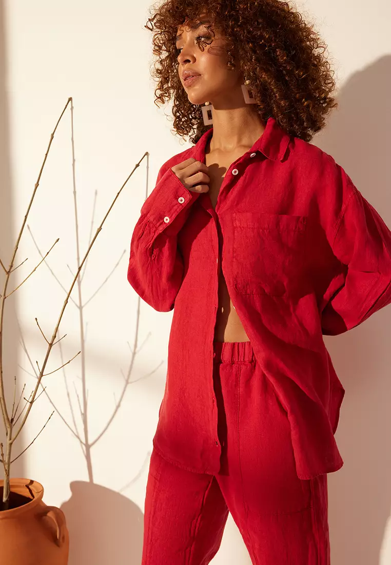 Red 1% Linen Pocket Detailed Oversized Shirt Twoss26Go39