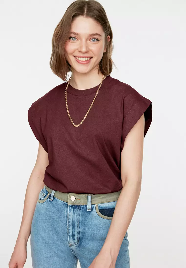 Claret Red 100% Cotton Padded Look Basic Crew Neck Knitted T-Shirt TWOSS20TS0021